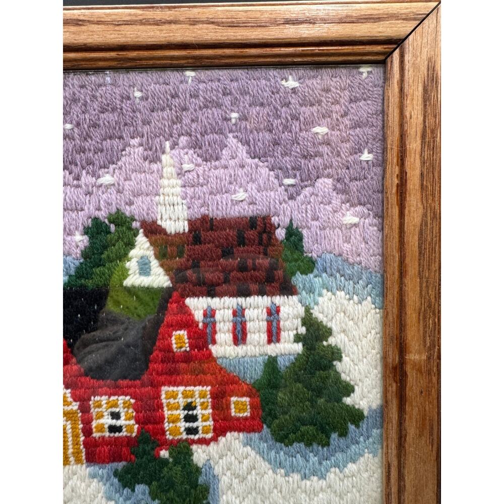 Winter Village Crewel, Vintage 1981 Paragon Needlecraft "Winter Scene," Framed - Picture 7 of 9